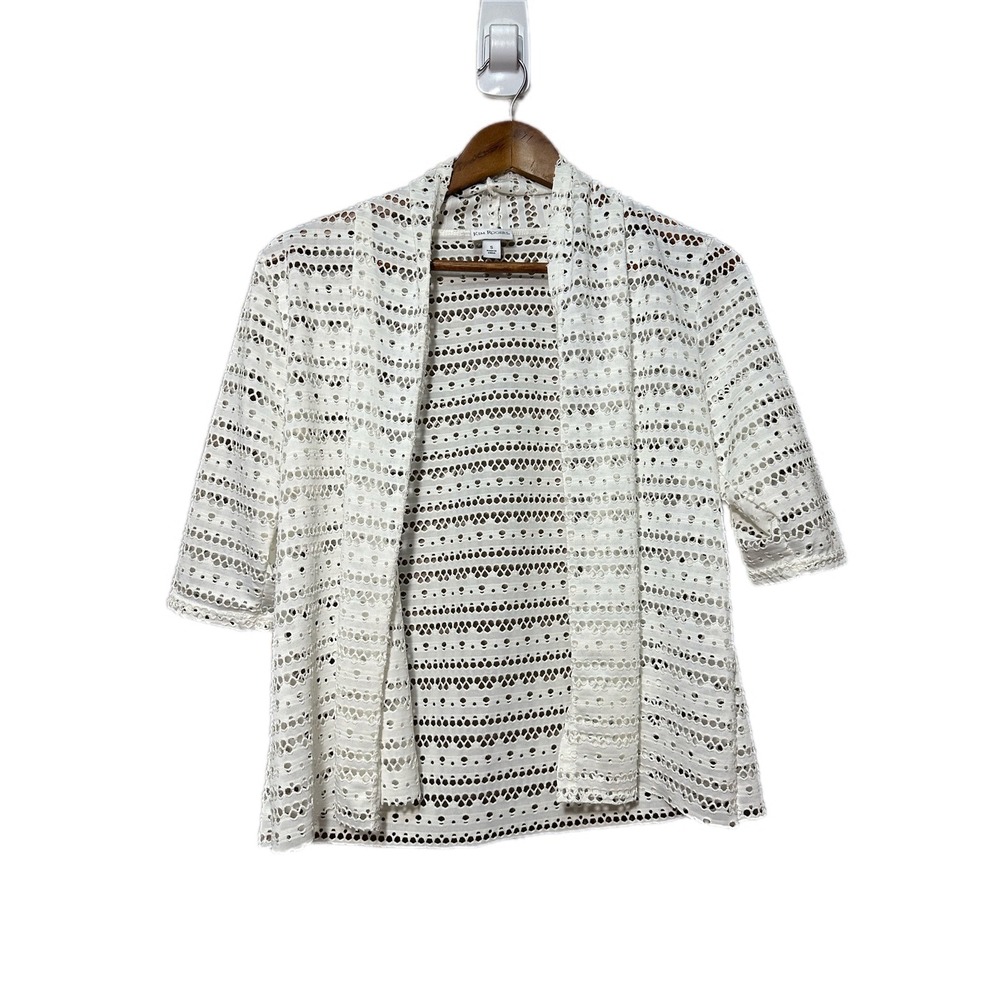 Kim Rogers Open Front Cardigan Women S White Excellent‎ Eyelet Lace Short Sleeve